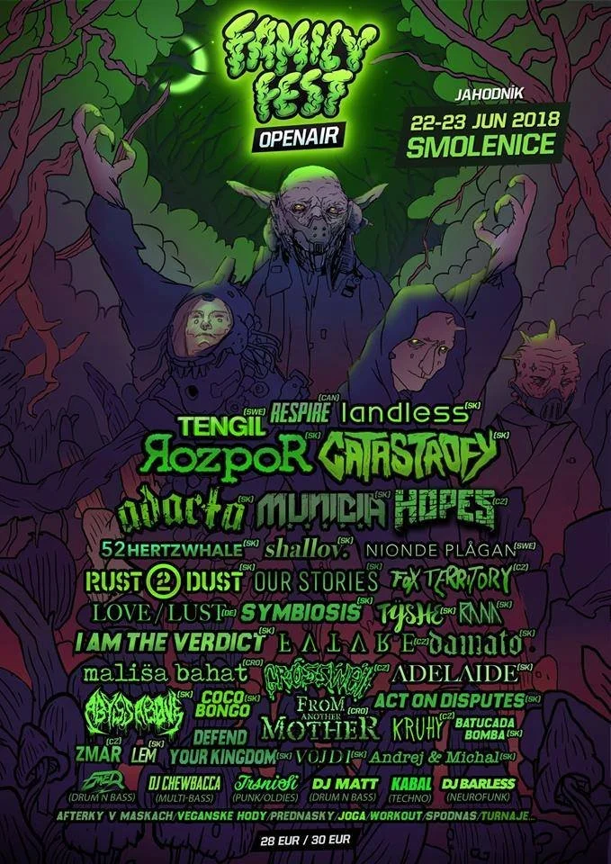 A promotional poster for the Family Fest open-air music event in Smolenice, held June 22-23, 2018, featuring cartoon-like monsters in a dark forest background with green luminance and band names.