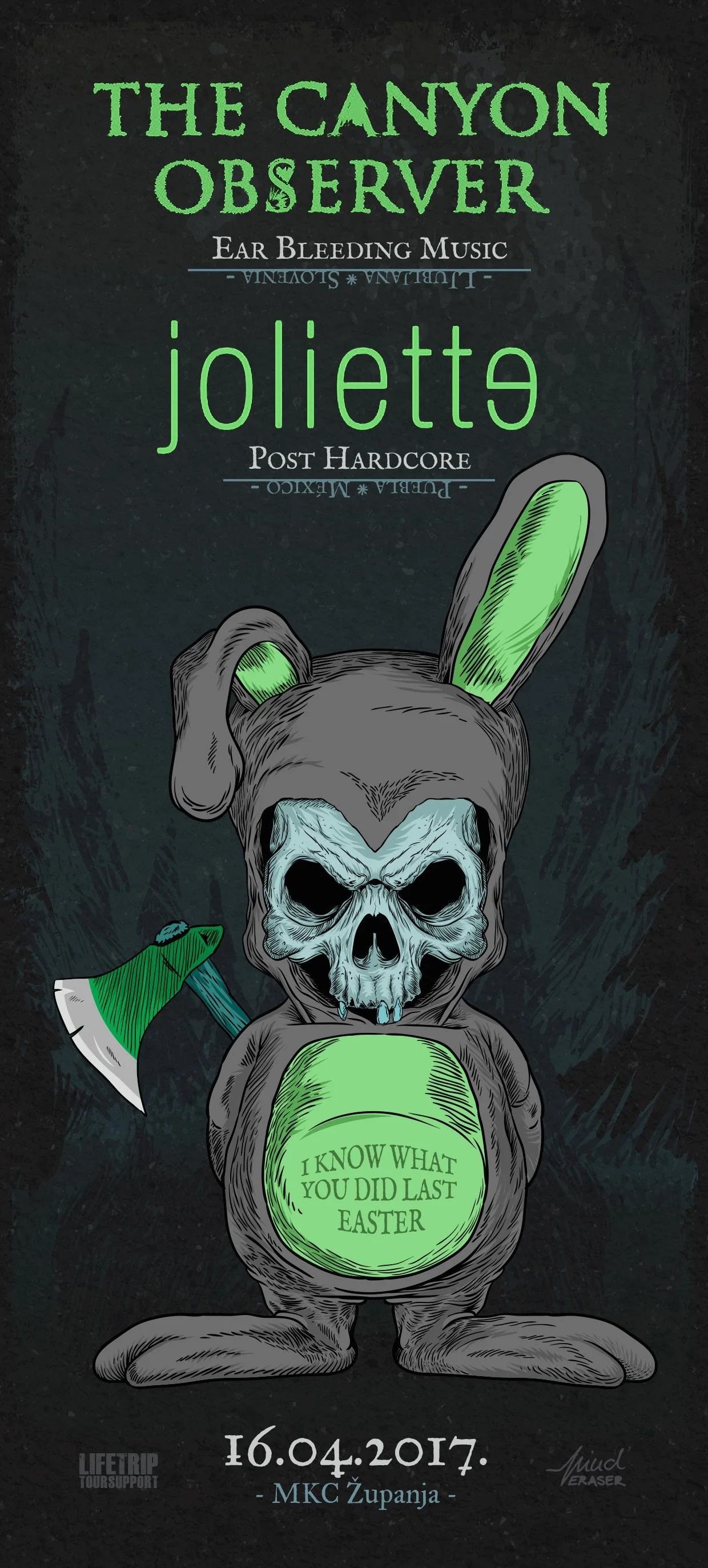 A dark themed poster with a cartoon rabbit with a skull face and drooping ears, holding an axe, and a green glowing ball with the text "I KNOW WHAT YOU DID LAST EASTER" on its belly. The poster includes the title "THE CANYON OBSERVER" and additional 