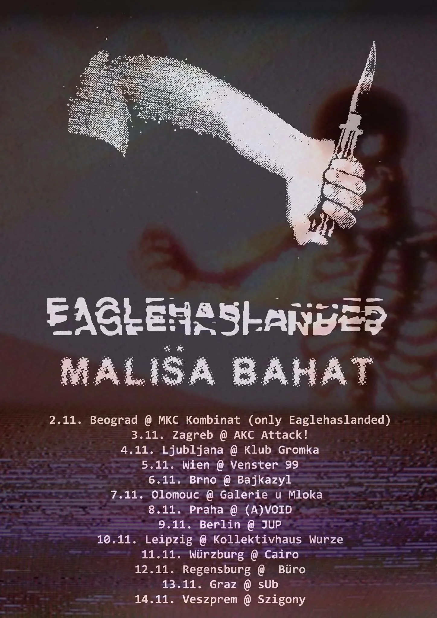 Graphic featuring a black background with an illustrated white eagle's head holding a sword in its beak and a white-starred American flag in the background. Text overlay promotes the Eaglehaslanded European tour with tour dates and cities listed from