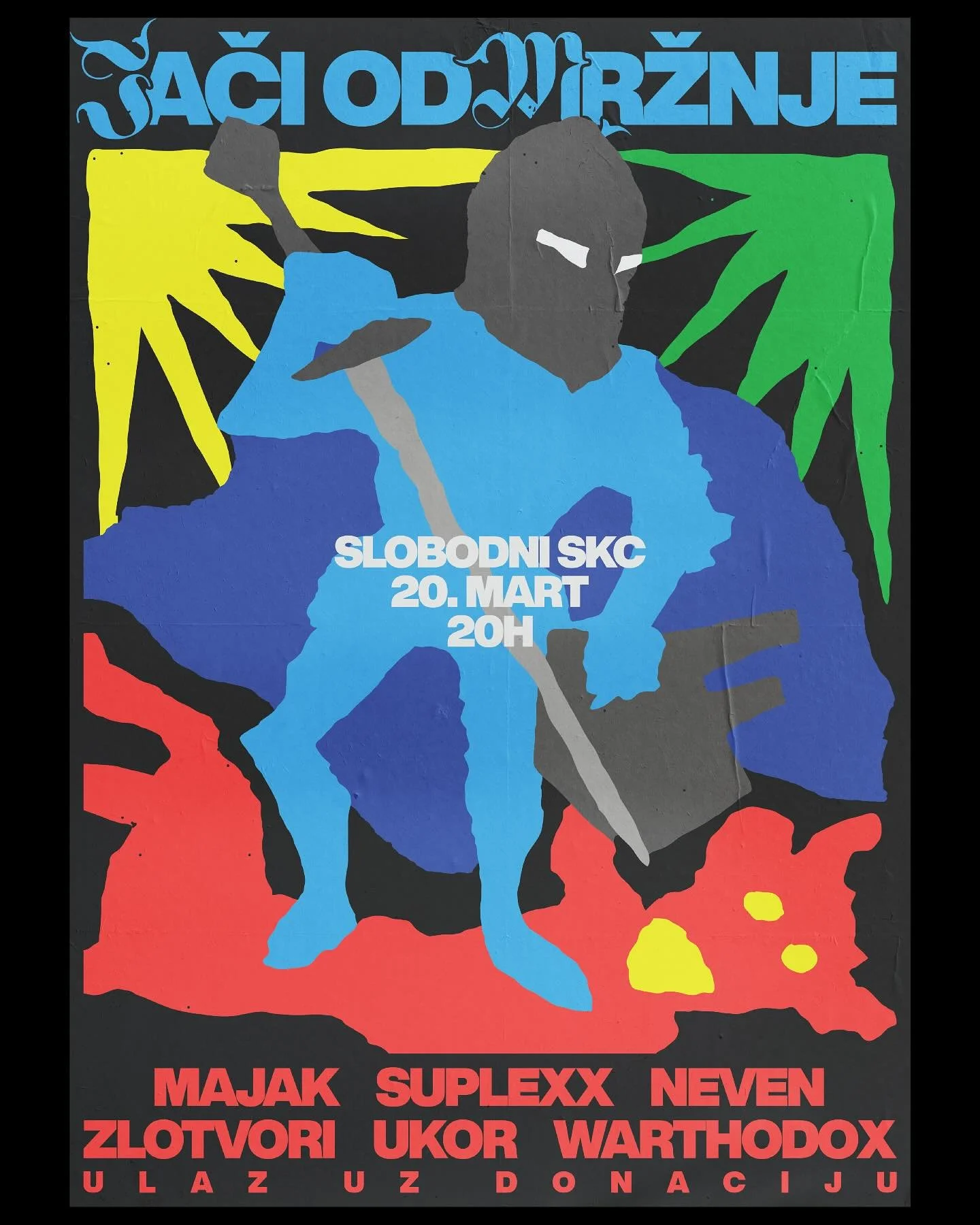 A colorful poster for a music event featuring a silhouette of a rapper holding a microphone, with the event details written in Polish. The background has abstract shapes in yellow, green, red, and black. The event is on March 20th at 8 PM, at Slobodn