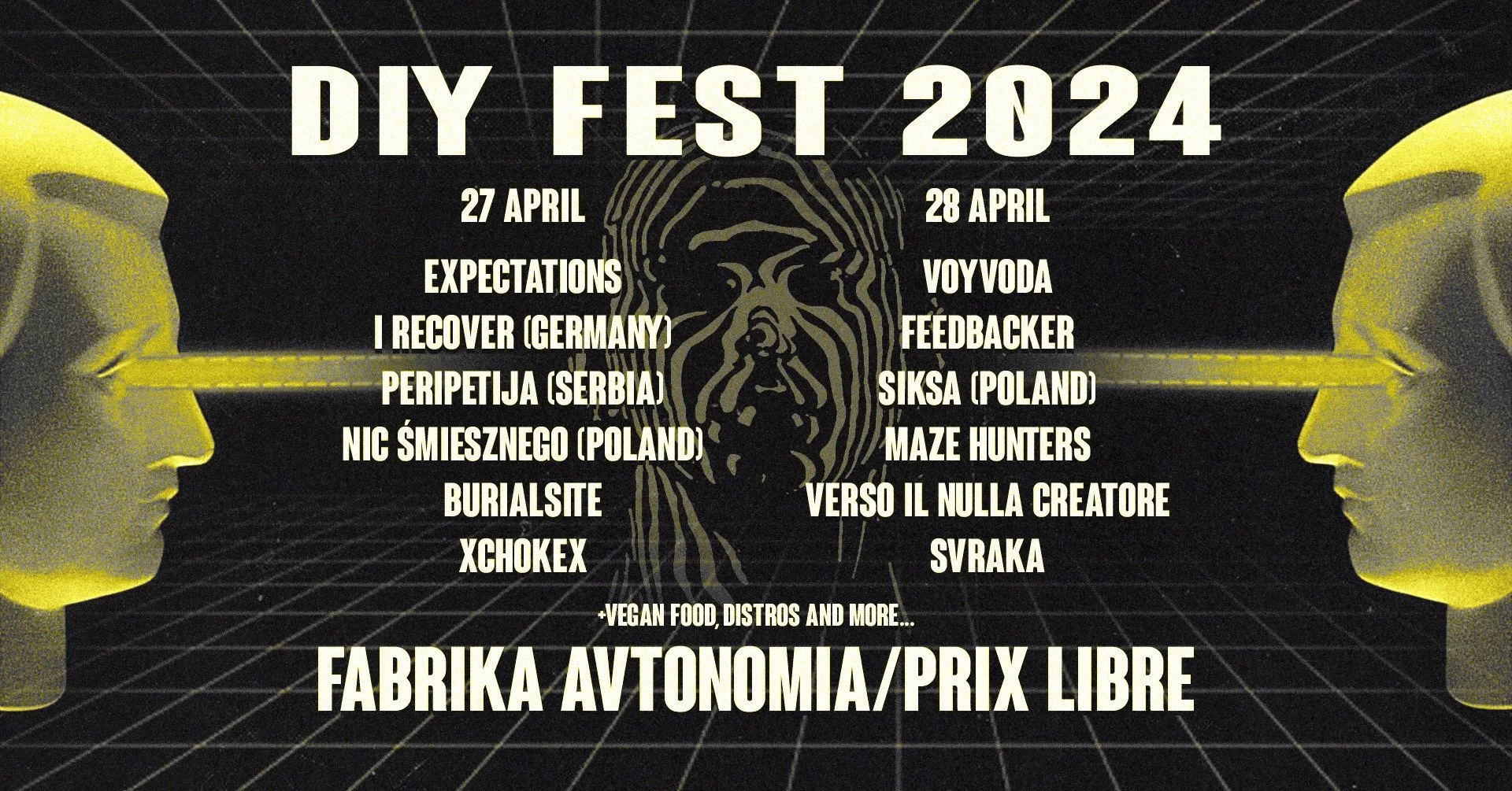 Event poster for DIY Fest 2024 with dates April 27 and 28, featuring performances by Expectations, I Recover (Germany), Peripetija (Serbia), Nic Śmiesznego (Poland), BurialSite, XChokex, Voyvodа, Feedbacker, Siksa (Poland), Maze Hunters, Verso Il Nul