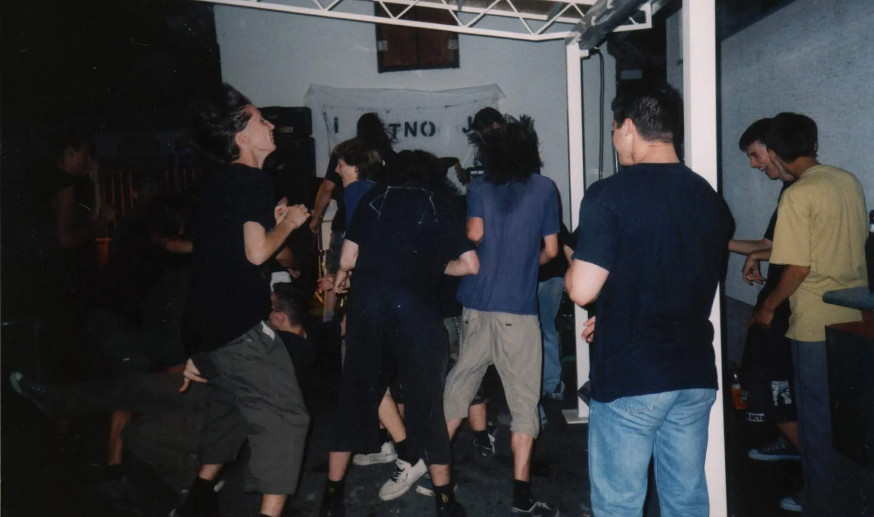 Group of young people at a party or concert, standing and dancing in a dimly lit room.