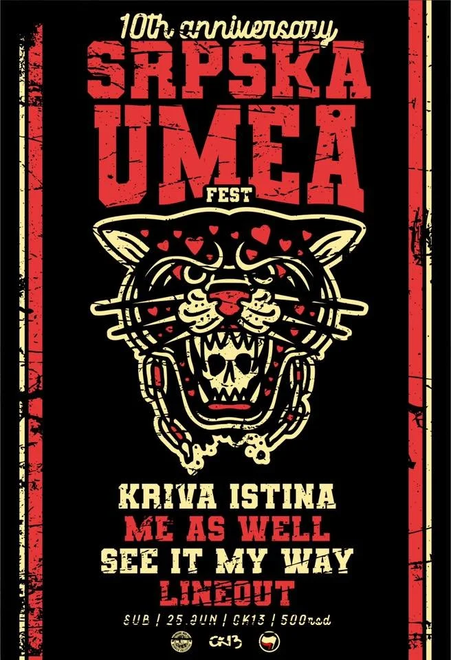 Event poster for the 10th anniversary SRPSKA UMEA Fest featuring a roaring wildcat with a skull inside its open mouth, decorated with red hearts, and styled with a grunge aesthetic. Details include the date June 25, age 13 and up, and a phrase in Ser