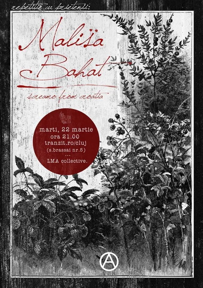 Event poster with black and white botanical illustration background, red handwritten text featuring the names 'Malisa Bahat' and event details, and a red circular date and time graphic. The poster promotes a music event by Malisa Bahat from Croatia s