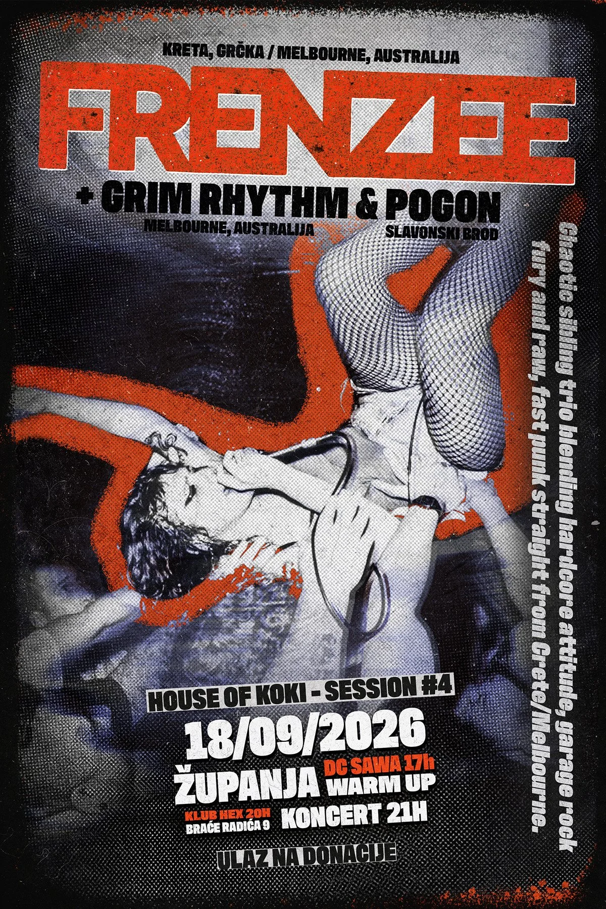 Event poster for a music session titled "FRENZEE" featuring Grim Rhythm and Pogon, taking place at House of Koki, Zupanja, Croatia on September 18, 2026. 