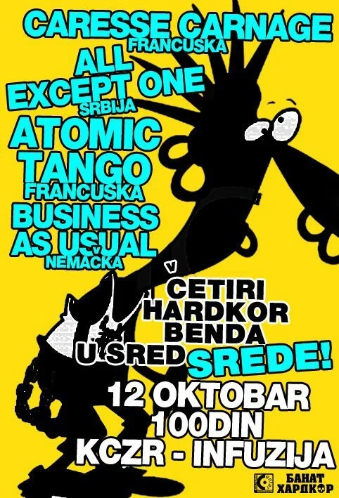 Bright yellow poster with black silhouette of a person with spiky hair and glasses. Text in Serbian and English, with phrases like 'Caresse Carnage,' 'All Except One,' 'Atomic Tango,' and others. Blue, black, and white text highlighting the event dat