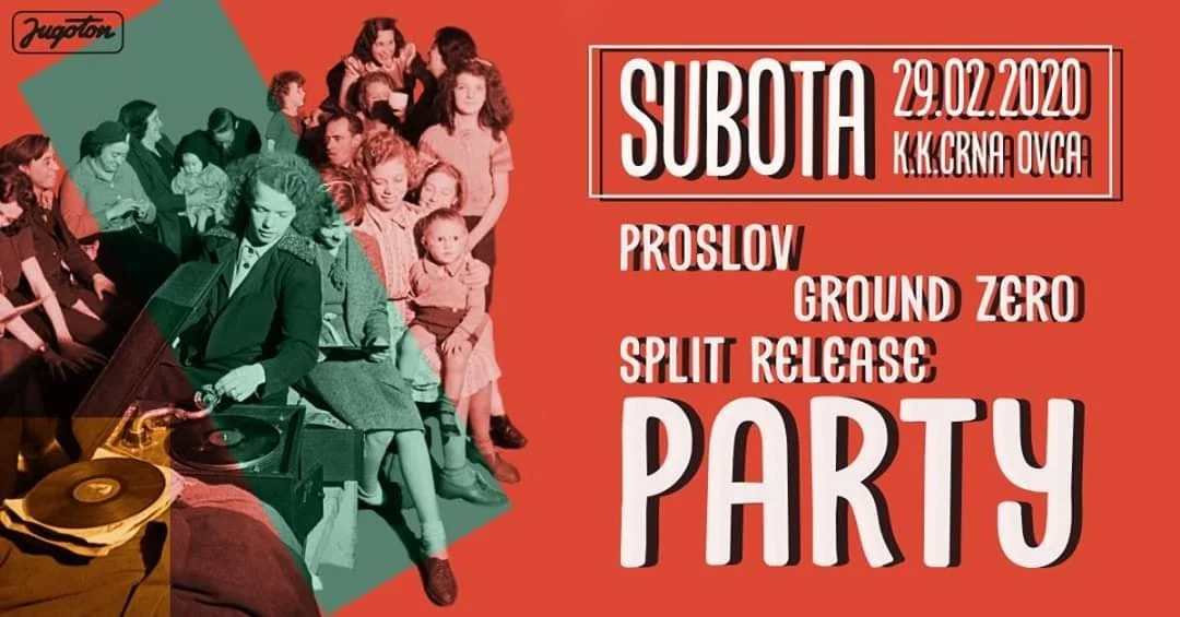 A vintage style promotional poster featuring a group of women and children sitting on benches, with a record player in the foreground. The poster includes event details such as date, time, location, and bands performing, for a party on Saturday, Febr