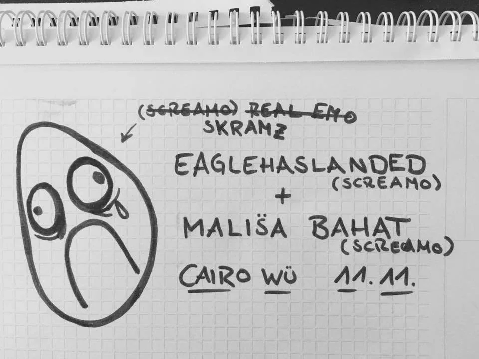 Hand-drawn sad face with tears and a background of grid paper. Text includes artist names and a date.