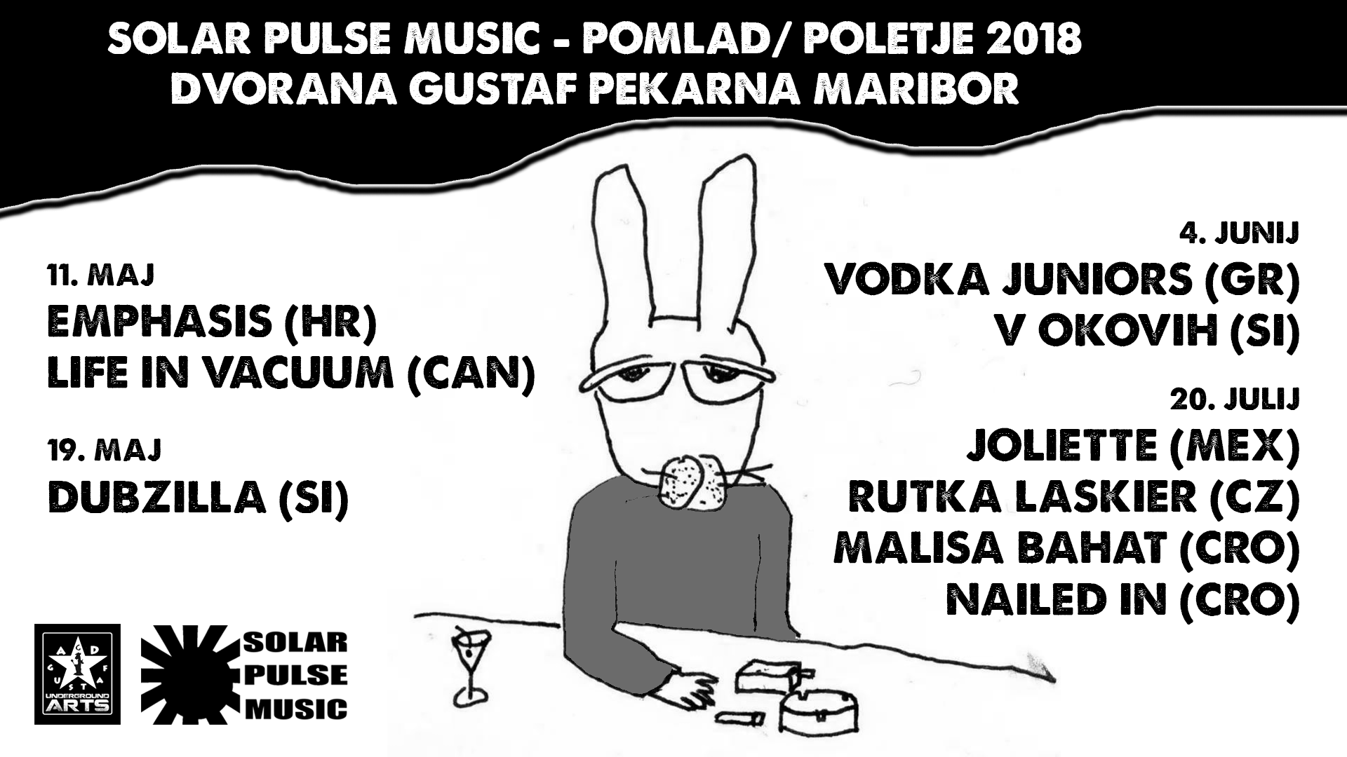 A black and white poster for Solar Pulse Music and POMLAD/Poletje 2018, held at Dvorana Gustaf Pekarna in Maribor. The poster lists dates and performers for an event with names and countries, with notes about various musical acts. The image features 