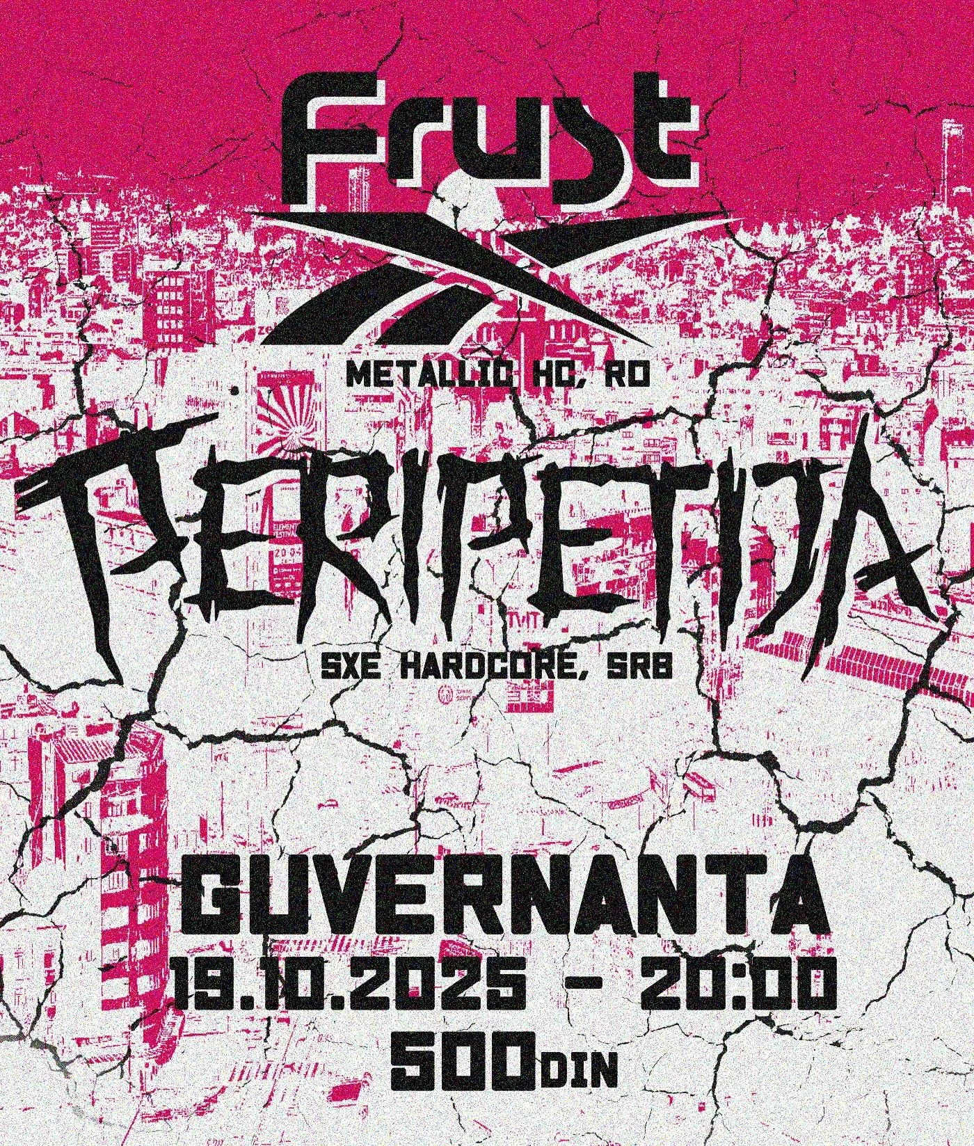 Pink graffiti-style poster features a cityscape with black cracked lines, large black and white stylized text that says 'Frost' with a graphic of a snowboard or skate deck underneath, and additional text indicating event details.