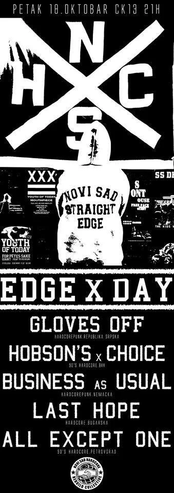 Poster with large crossed letters 'NHC' at the top, a woman in a hoodie with the words 'NOWI SAD STRAIGHT EDGE' on it, and text promoting an event called 'EDGE X DAY' with details about bands and themes, all in black and white.