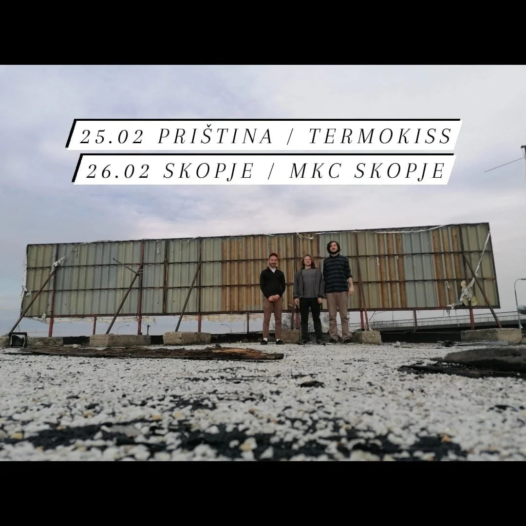 Three people standing in front of an old billboard on a rooftop, with a cloudy sky above, and event details in Slovak text overlay.