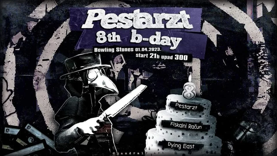 A graphic celebrating Pestarz's 8th birthday with a cartoon bird wearing a fedora and holding a saw. The background is dark with graffiti-style art, and there is a birthday cake with a candle shaped as the number 8. 