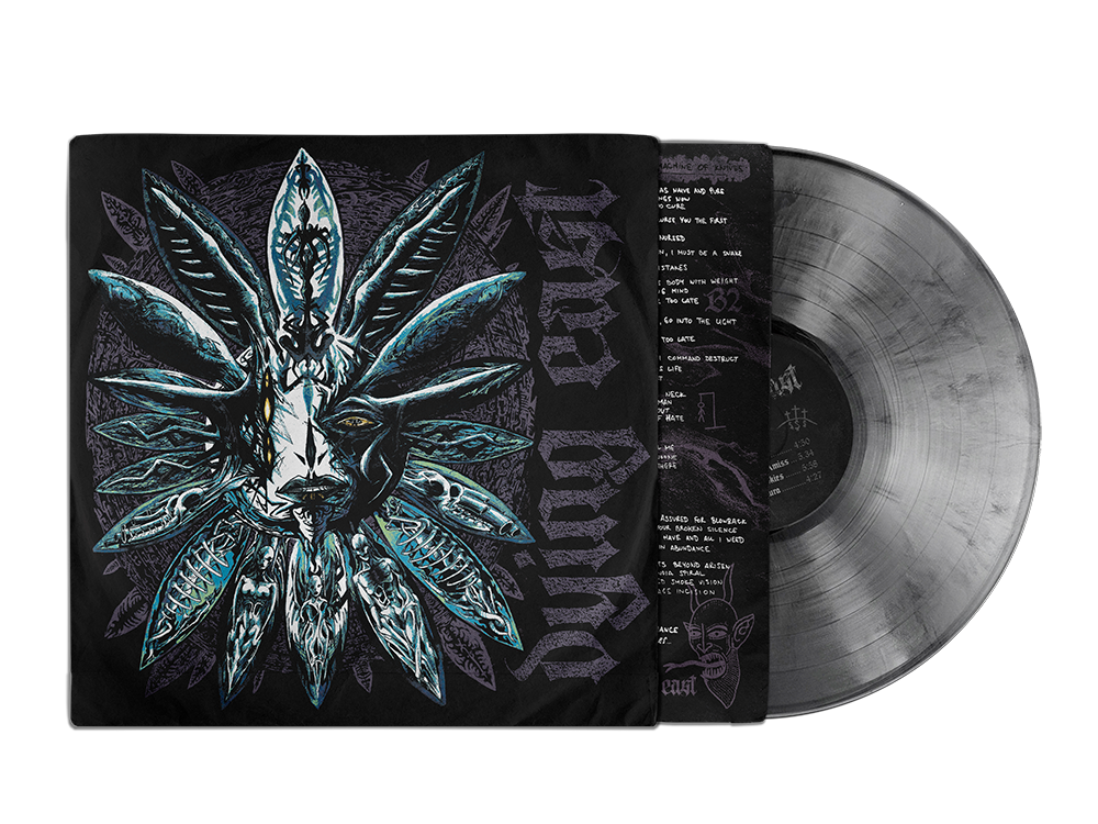 A vinyl record and its album cover with artwork for DYING EAST featuring a stylized face on a black background, decorated with blue and purple feather-like shapes and adorned with gothic-style text.