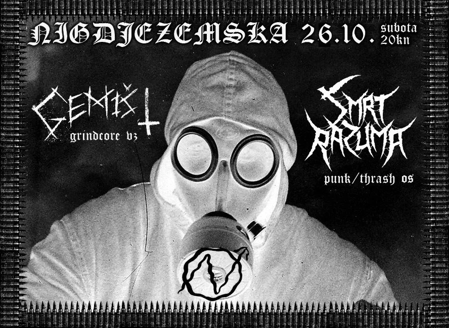 A black and white poster advertising a music event featuring three bands. 