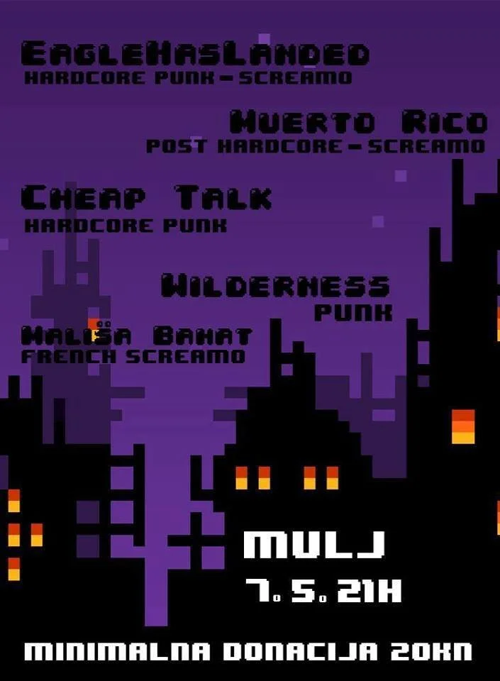 Pixelated poster for a music event featuring bands such as EagleHasLanded, Muerte Rico, Cheap Talk, Wilderness, and Malisa Banat, with date July 5 at 9 PM, and a minimum donation of 20k.