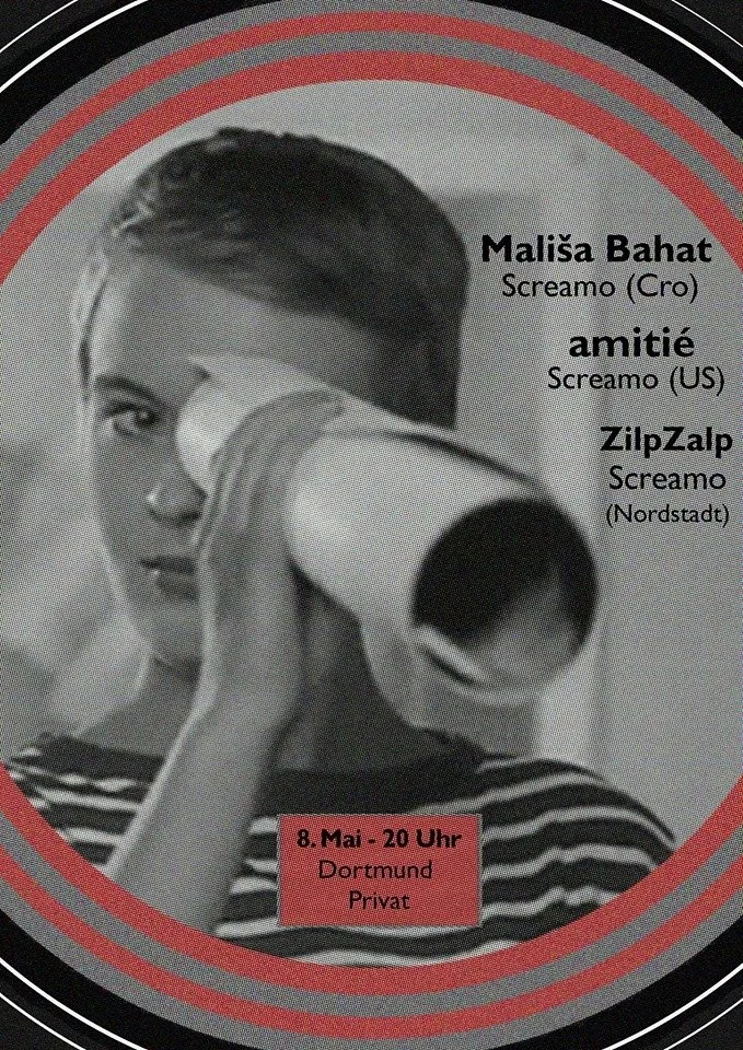 Black and white photo of a woman holding a rolled-up poster to her face, with text listing names and locations of performances, including date and time in the lower red box.