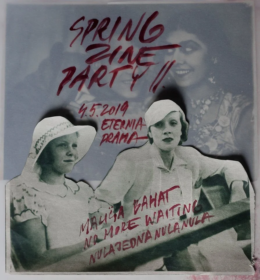 Poster featuring black-and-white photos of women, with red handwritten text announcing a spring Zin-e Party on April 5, 2019.