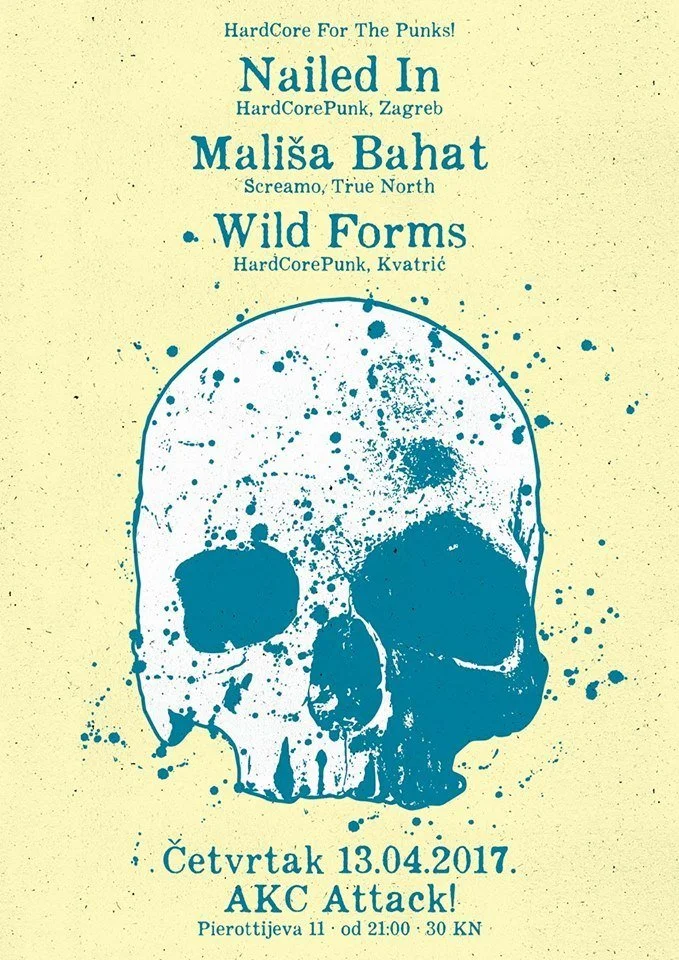 A promotional poster for a punk concert featuring Nailed In, Mališa Bahat, and Wild Forms, with a large blue skull illustration and event details including date, time, and location in Zagreb, Croatia.