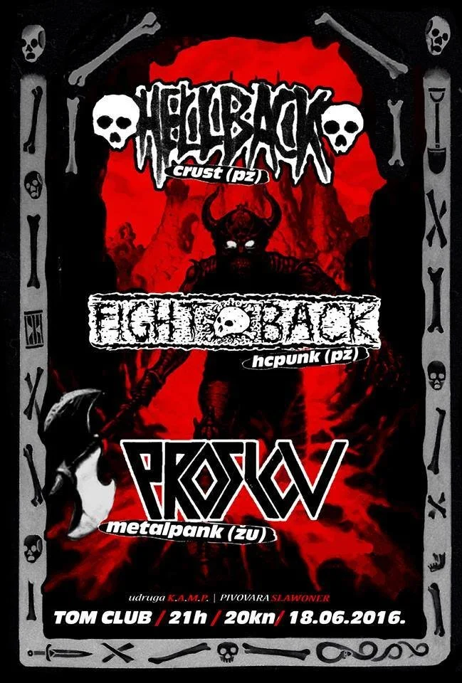 Event poster for a heavy metal concert featuring bands Heavy Black, Fight Back, and Proslov, with demon imagery, skulls, bones, and a dark fantasy theme, scheduled at Tom Club on June 18, 2016.