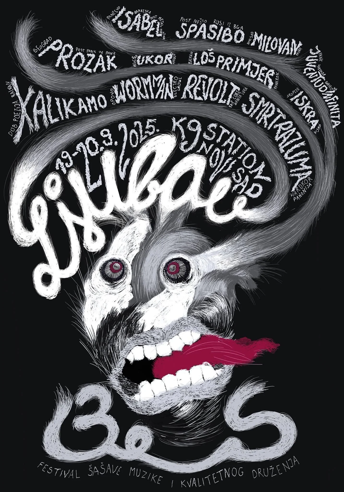 Black and white poster with a stylized skull illustration, featuring various names and words in Serbian, including dates and locations. The skull has dark, hollow eyes with red centers, white teeth, and a long red tongue. The text is arranged creativ