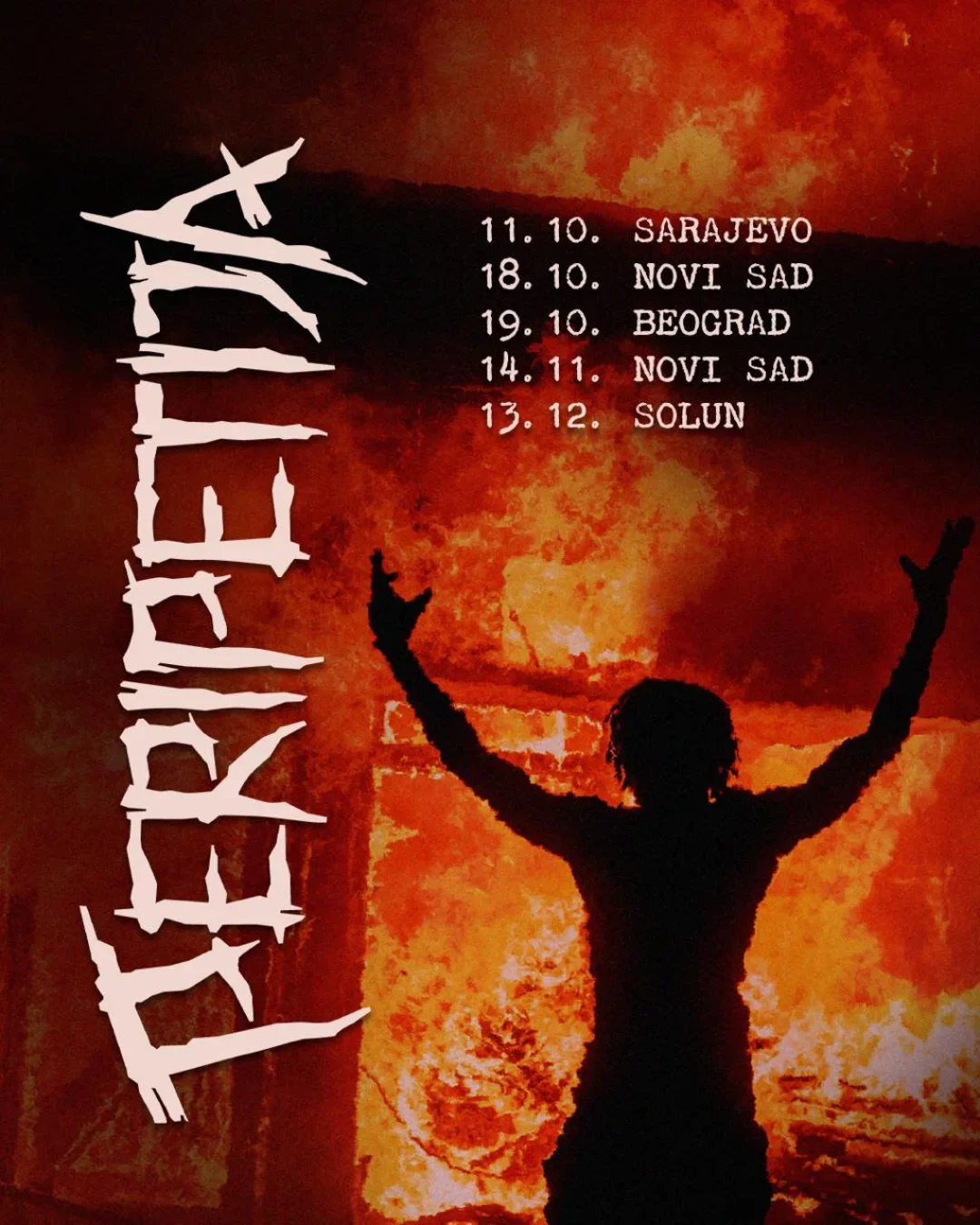 A human silhouette with arms raised against a fiery background with a list of tour dates and cities on the right side, and a vertical text logo on the left.