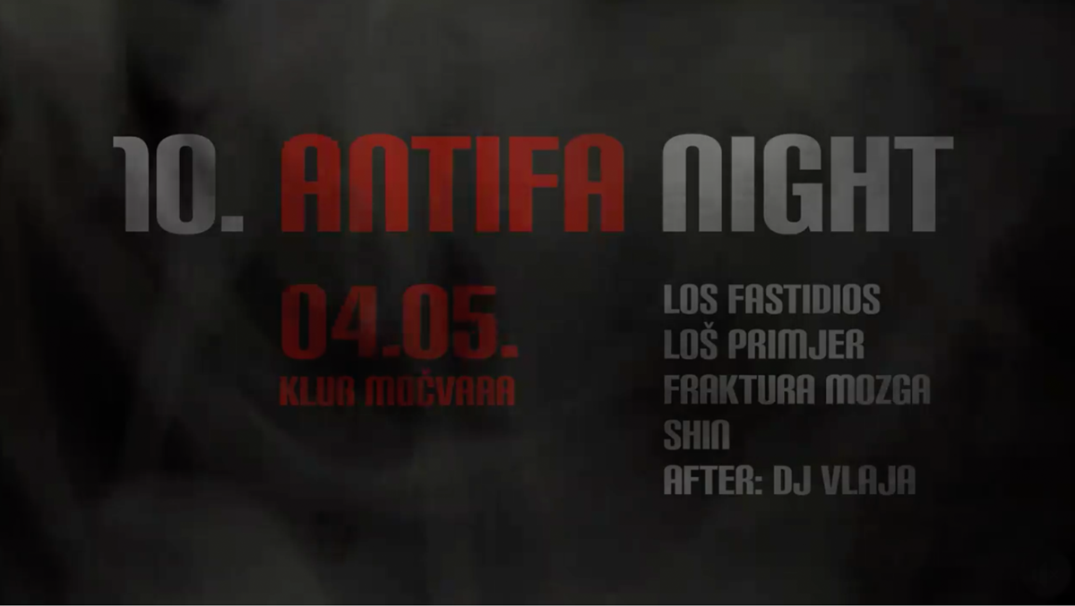Nightclub event poster with dates 04.05, featuring bands Los Fastidios, Loš Primjer, Fraktura Mozga, SHIN, and DJ Vlaja after the event.
