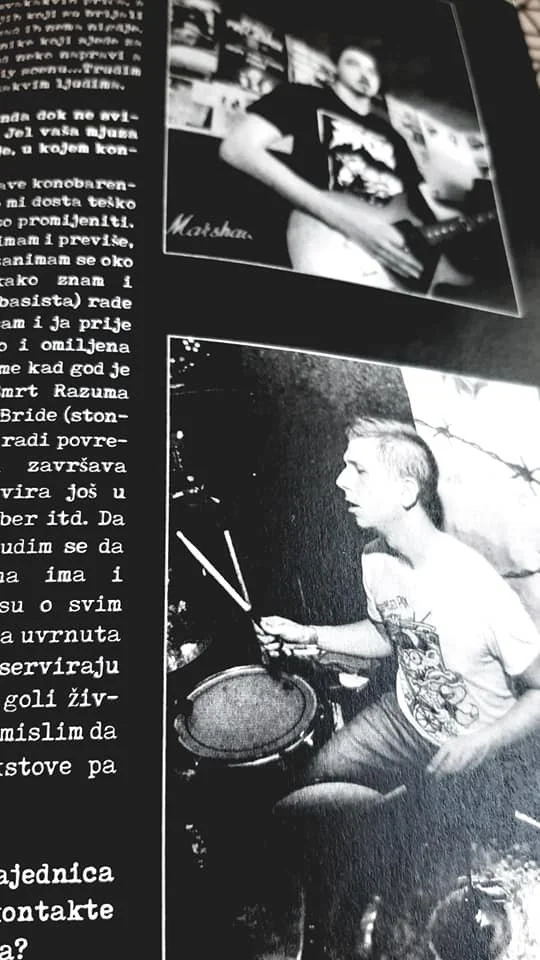 Black and white photo collage featuring a man playing drums and another man playing guitar. The background includes text in a foreign language, and the man on drums appears to be performing or rehearsing.