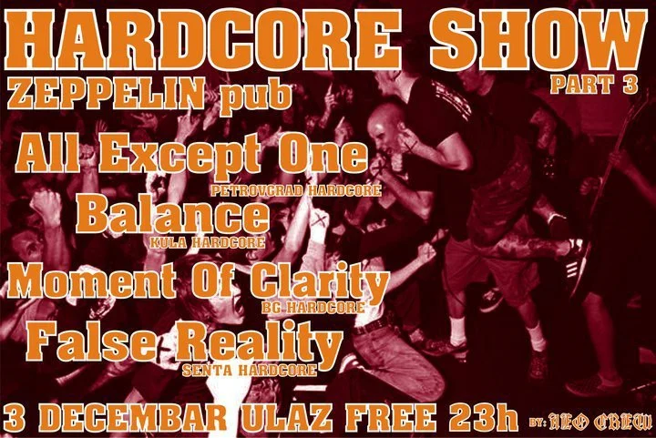 Poster advertising a hardcore music show at Zeppelin pub. Features bands All Except One, Balance, Moment Of Clarity, False Reality. Date is December 3rd, starting at 11 pm, with free entry. Has a background of a live crowd at a concert.