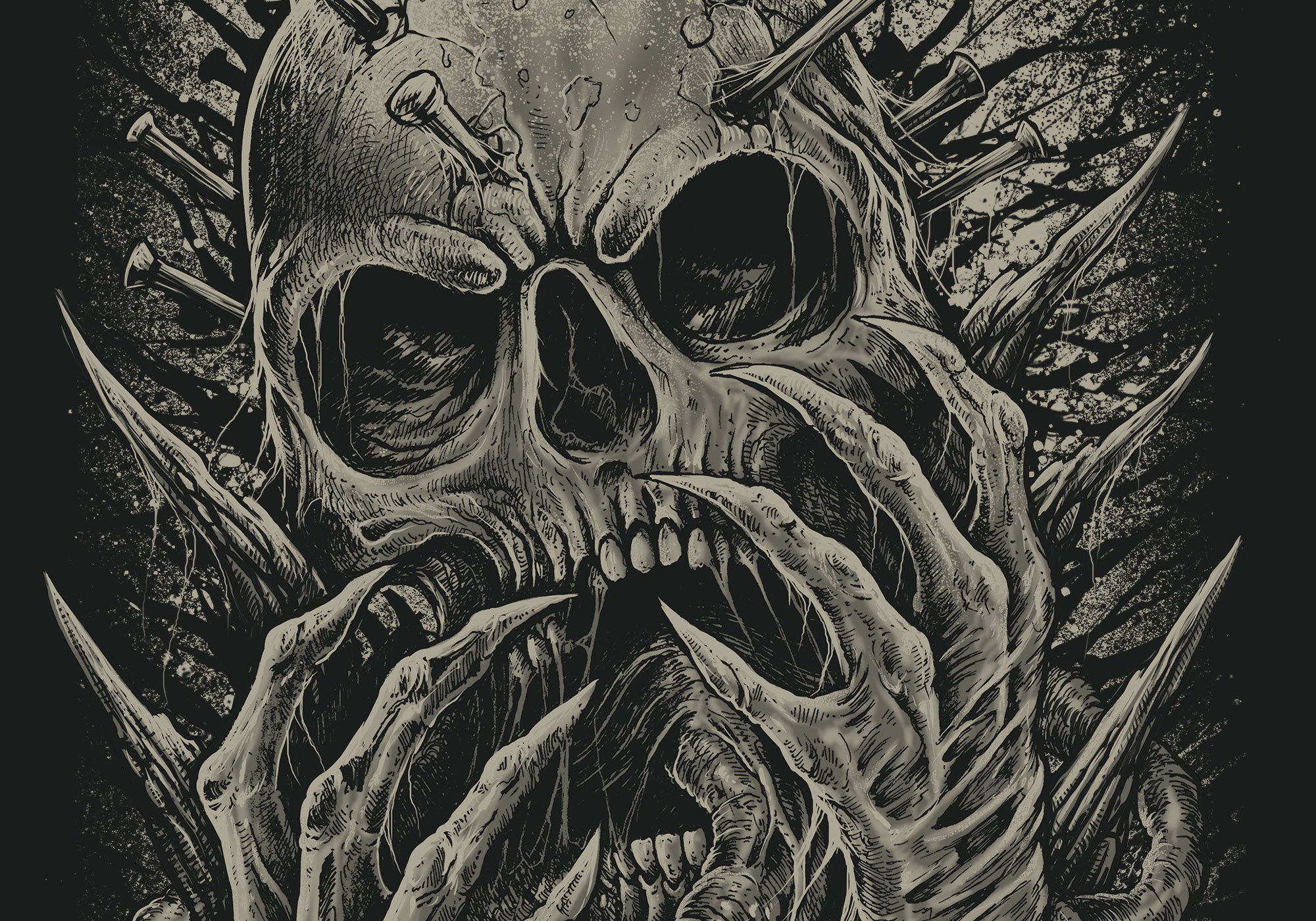 A detailed, black-and-white illustration of a skull with a monstrous face, featuring hollow eyes, sharp teeth, and skeletal hands clutching the face, set against a dark, textured background. Mind Eraser.