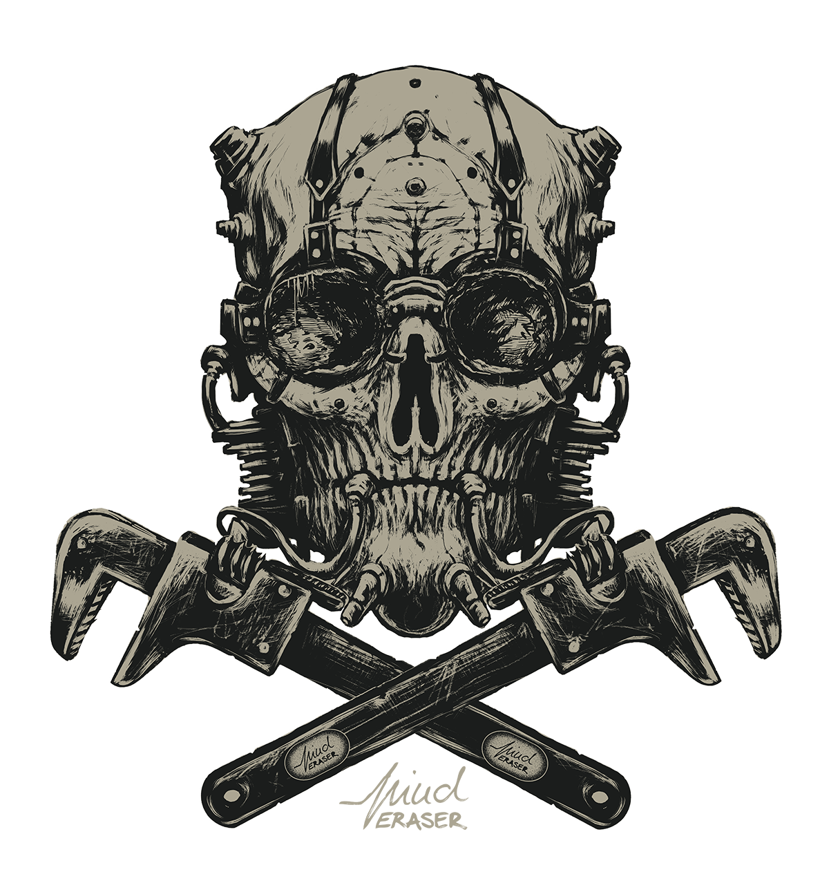 A detailed drawing of a skull with mechanical and robotic elements, crossed by two hammers with the words 'Mind Eraser' written on them.
