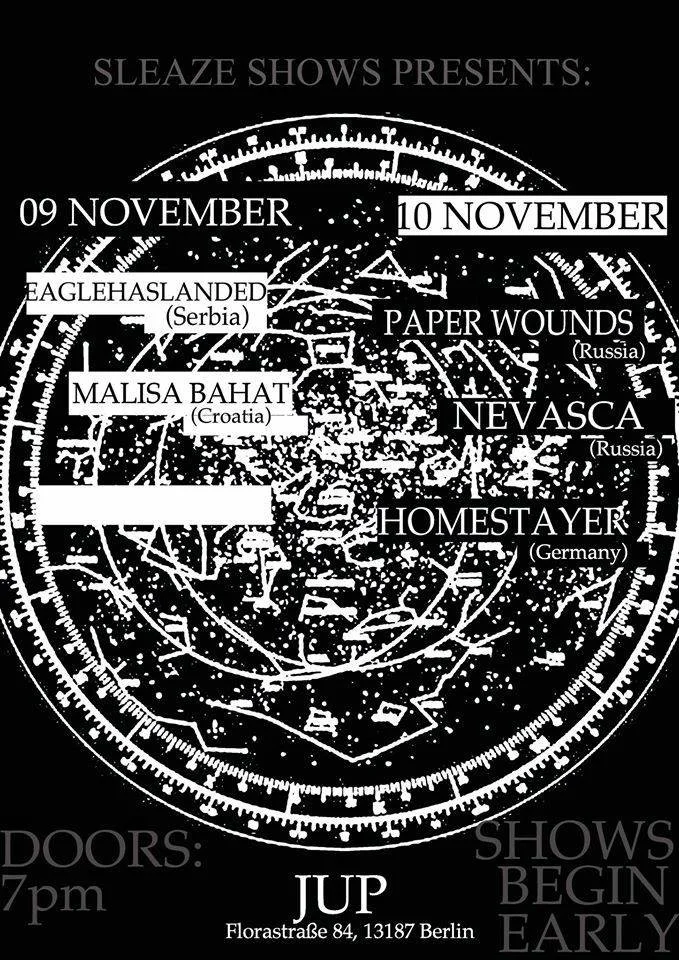 Black and white poster advertising a music event with four bands playing on November 9 and 10 at a venue in Berlin. Includes band names EagleHasLanded, Paper Wounds, Malisa Bahat, Nev Asca, and Homestayer, with each band associated with different cou