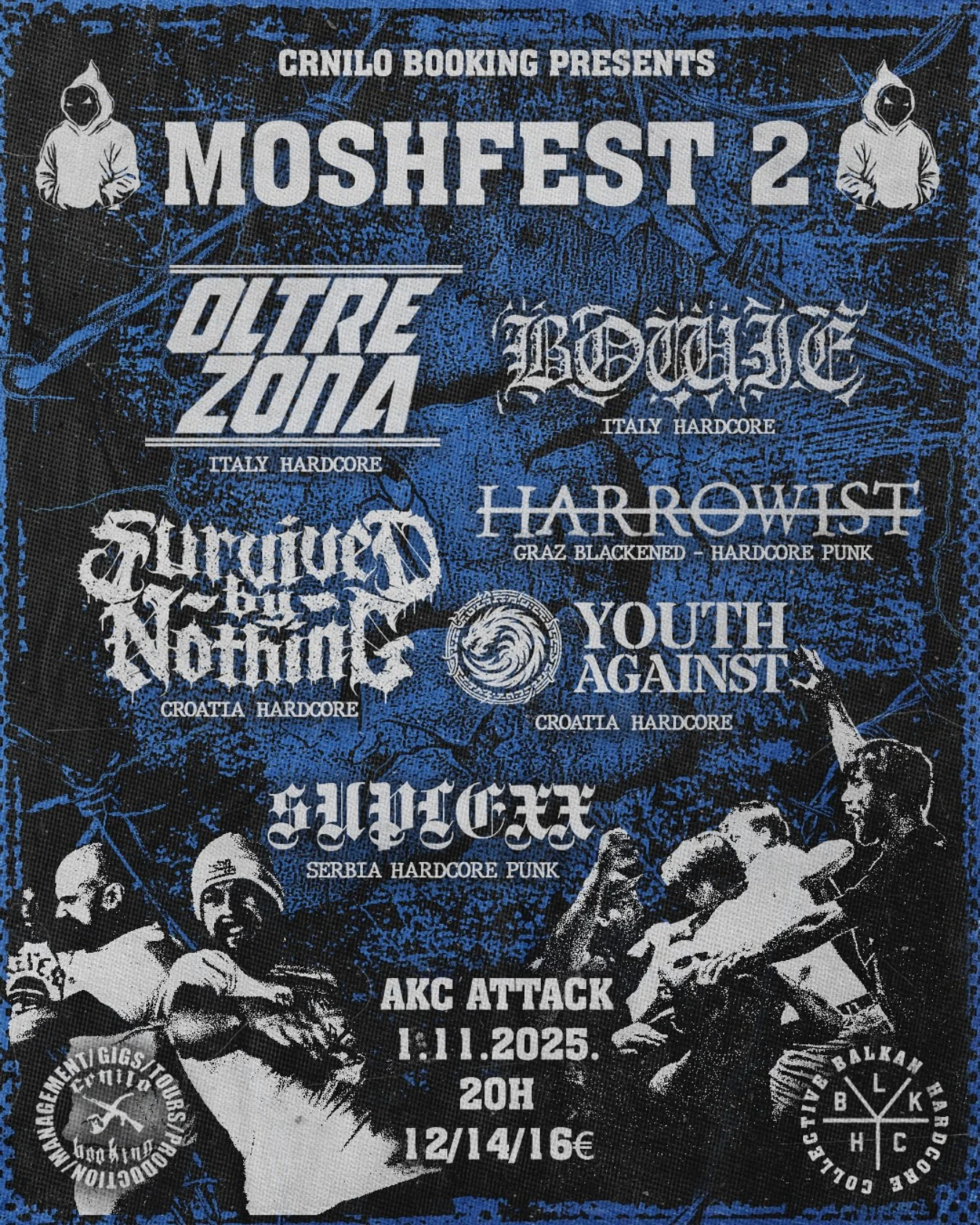 A poster for MOSH FEST 2, a hardcore music event in Italy, featuring bands such as Outre Zona, Bloodlife, Scottish Youth, and Serbia Hardcore, scheduled for December 14, 2025, at 8 pm, with tickets costing 12 euros. The poster has a blue and black ba