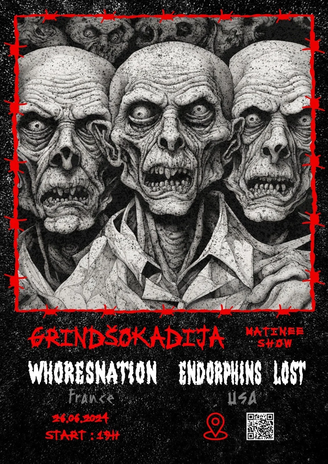 A poster for a horror-themed event featuring a black and white drawing of three zombie or ghoul faces with hollow eyes and rotting teeth, surrounded by a red barbed wire border. The text includes event details such as date, time, location, and bands 