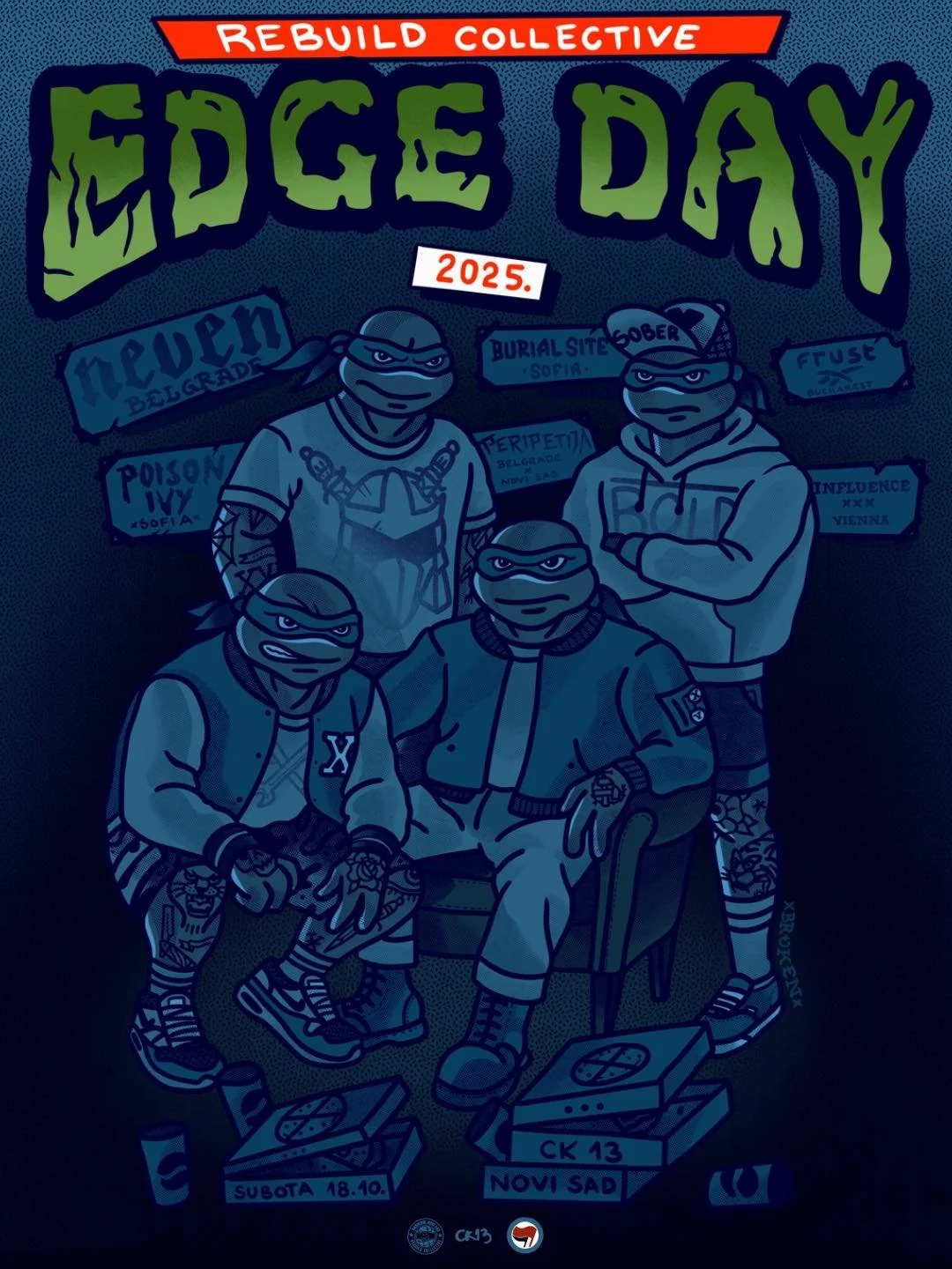 Poster for Edge Day 2025 featuring four Teenage Mutant Ninja Turtles in blue tones, with event details, location in Novi Sad, Serbia, and various related tags.