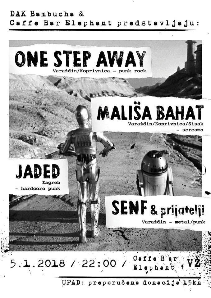 Black and white poster advertising a music event at Bar Elephant, featuring bands One Step Away, Mališa Bahat, Jaded, and Senf & Pojatelji, with date, time, and location details.