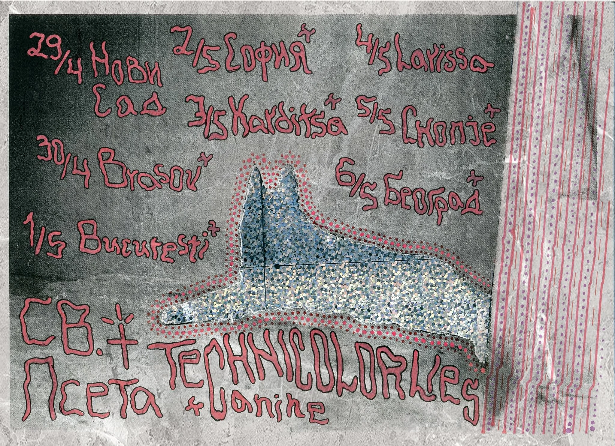 A poster with handwritten text in pink ink, including numbers and words in a language that appears to be Hungarian, and a cut-out shape of a dog made with shiny, multicolored sequins. There are also decorative pink and purple stripes on the right sid