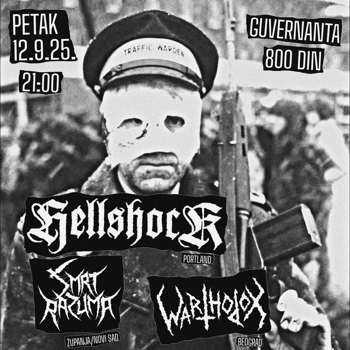 Black and white photo of a police officer wearing a mask and uniform. The photo contains various event and band stickers, including dates, locations, and band names, overlaid on the image.