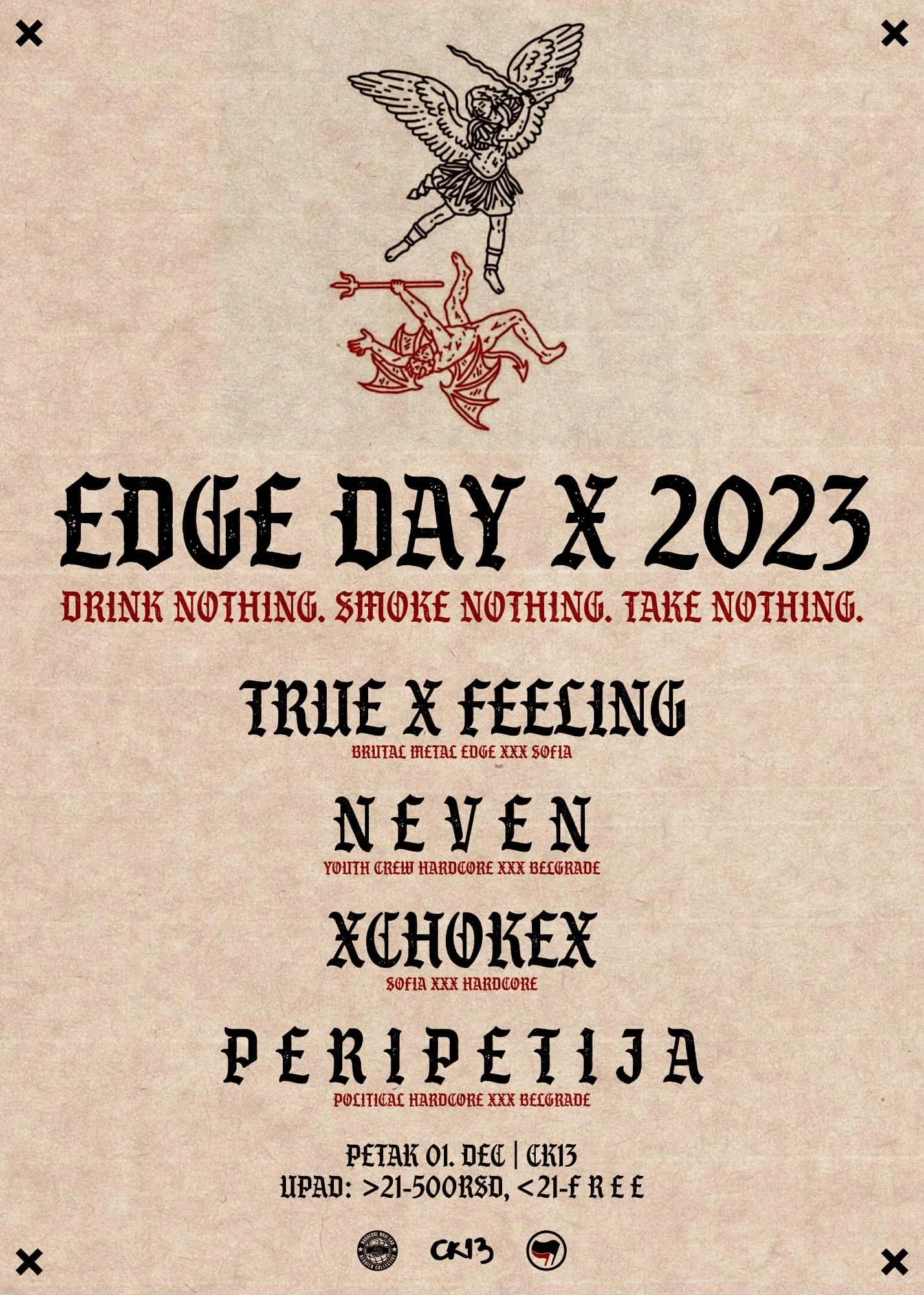 Event poster titled Edge Day 2023 with a drawing of an angel fighting a demon, featuring thematic phrases such as "Drink nothing. Smoke nothing. Take nothing," "True x Feeling," "Nven," "Xch0k3x," and details about the event location, date, age restr