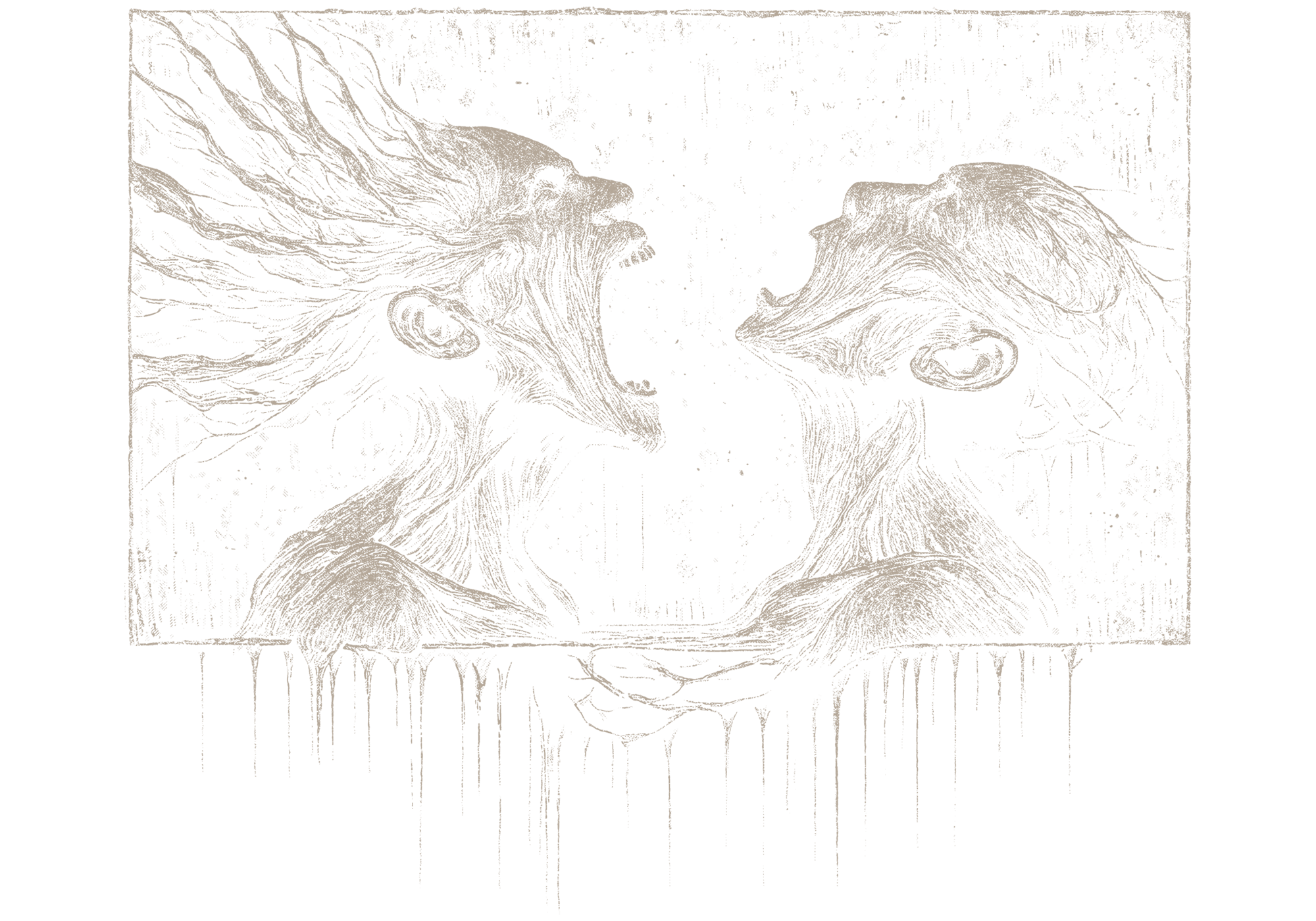 Two illustrated faces, a woman on the left with long hair screaming and a man on the right with short hair, both facing each other with open mouths, in a black and white line drawing style.