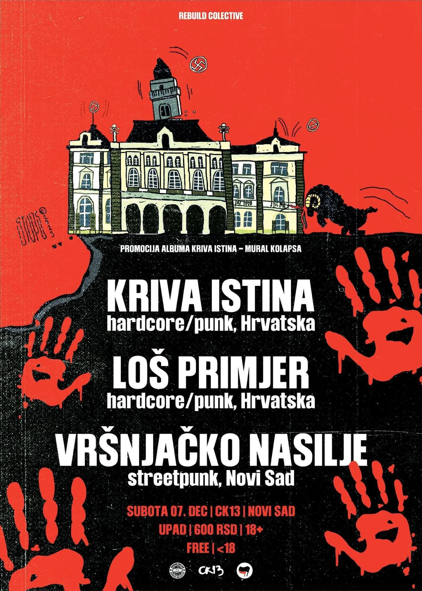 Concert poster for hardcore and punk music event in Novi Sad, Serbia with bands Kriva Istina, Loš Primjer, and Vršnjačko Nasilje, scheduled for Saturday, December 7th, at CK13, with free entry for those under 18, and 600 RSD entry for others.