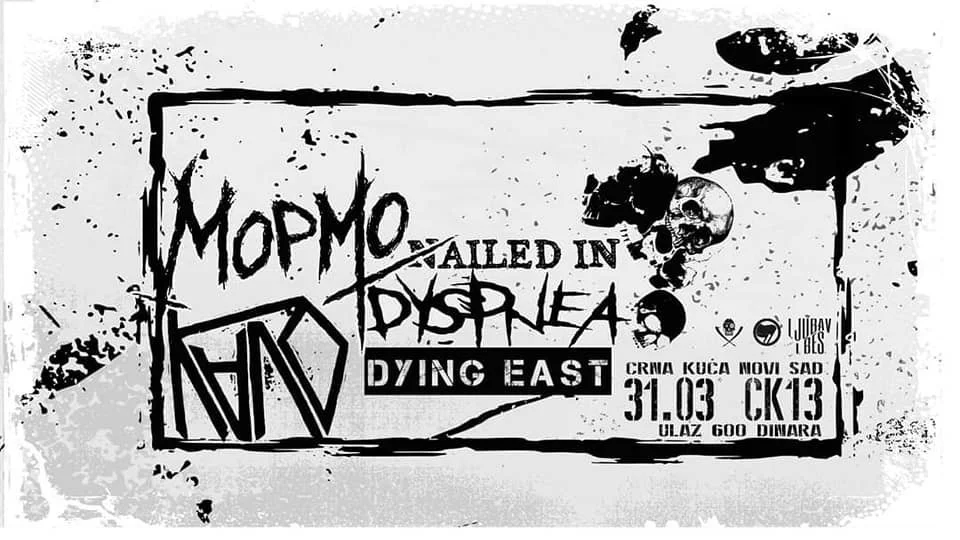 A black and white street art poster with splatter effects, featuring the text 'DYING EAST' and the date '31.03' along with other smaller text and artwork.