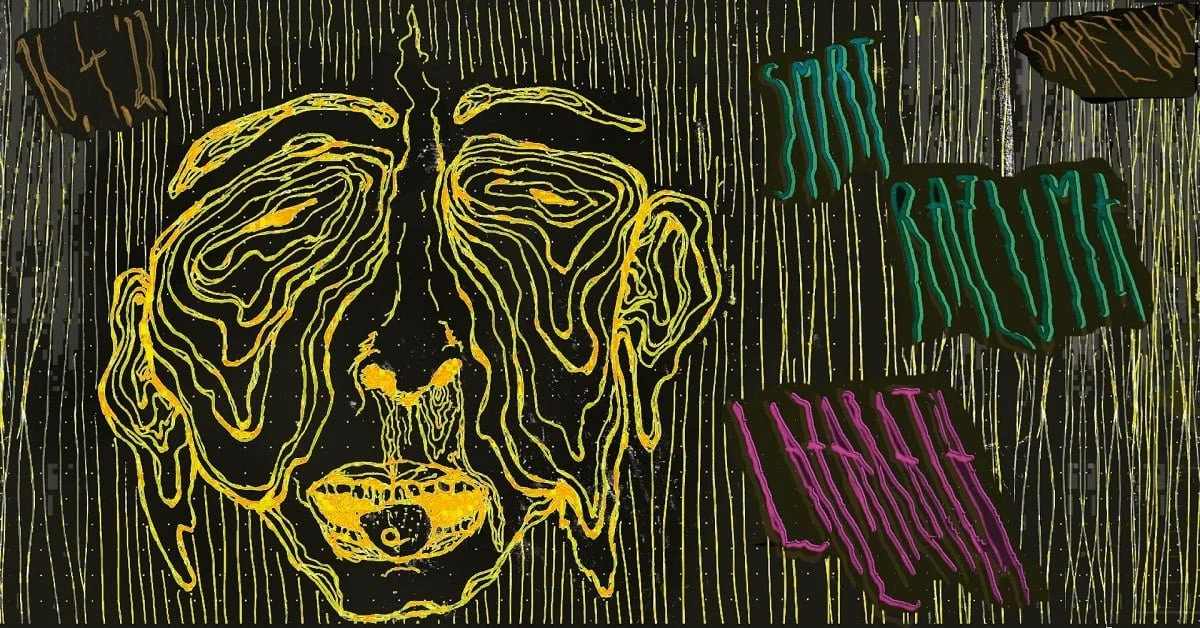A neon-style line drawing of a dog's face with droopy ears, melting or dripping features, set against a dark background with streaks of yellow. Text in colorful, irregular fonts reads: "Sort Rabindogs" and 