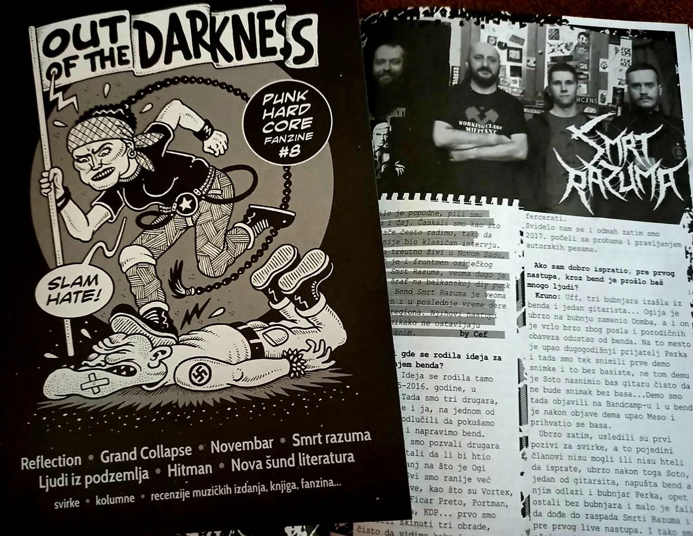 Cover of a punk fanzine titled "Out of the Darkness," featuring a cartoon illustration of a punk woman fighting a Nazi soldier with a swastika, stomped on by her foot. The woman has a bandana and mohawk hairstyle, the soldier is under her foot with a