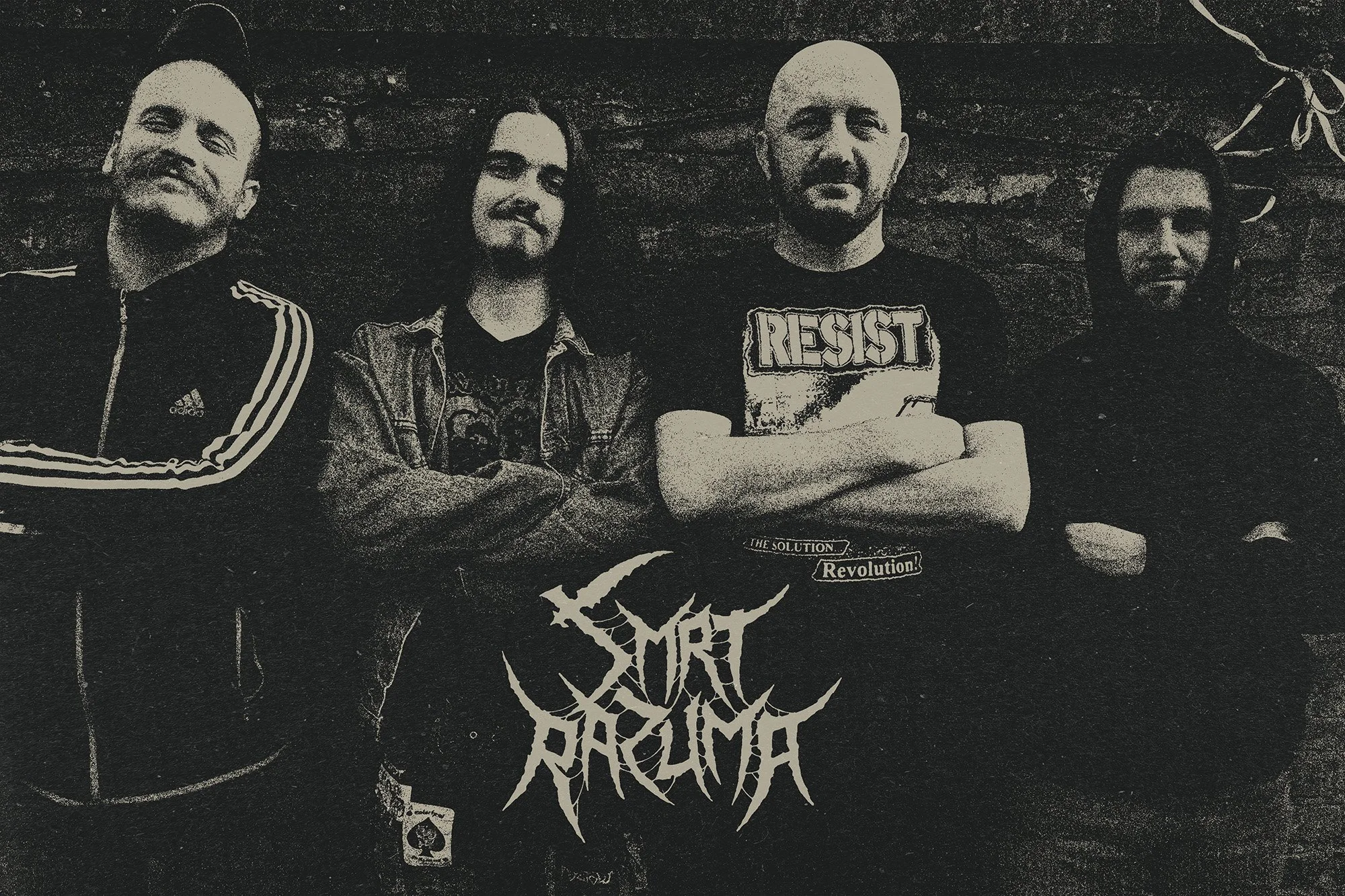 Four band members of SMRT RAZUMA standing in front of a brick wall.