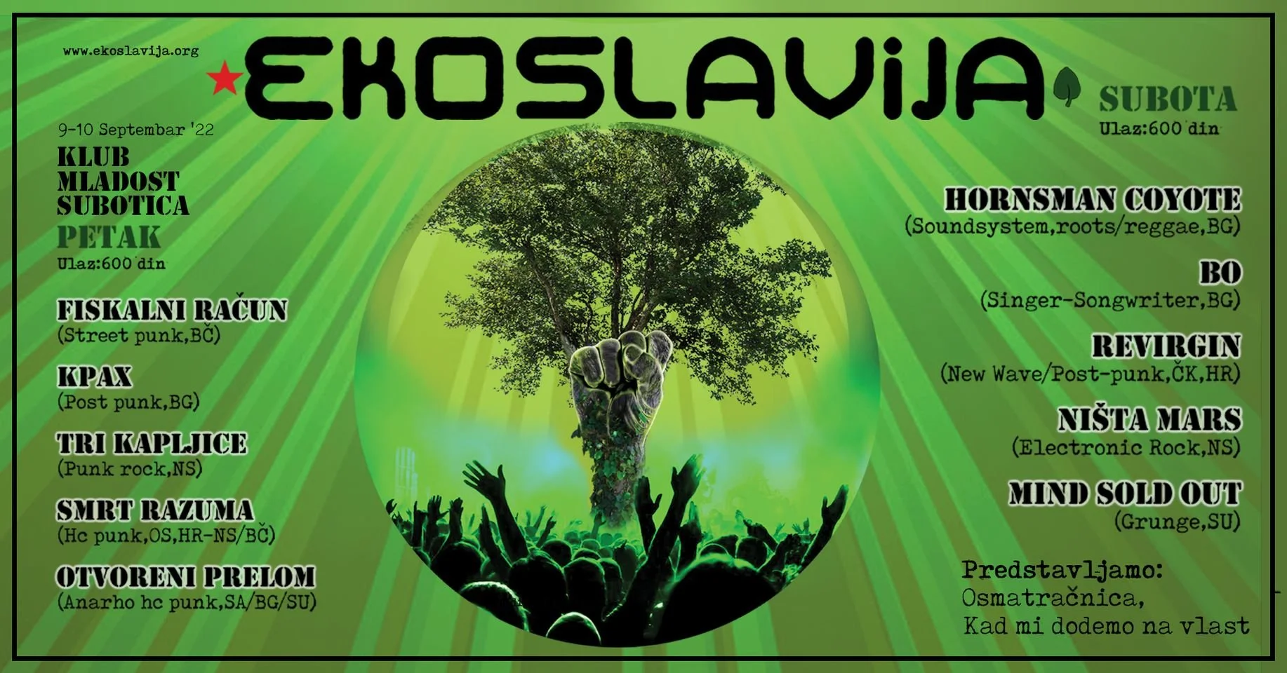 Green event poster with a tree inside a circle, raised fist, and silhouettes of crowd raising hands. Text details about music acts, dates, and tickets in Serbian.