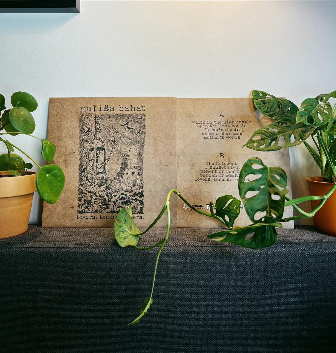 Decorative cardboard with black artwork and handwritten text behind two potted plants on a dark surface. The artwork features a person with an umbrella, birds, and a castle. The plants are Monstera and Pothos, in terracotta pots.