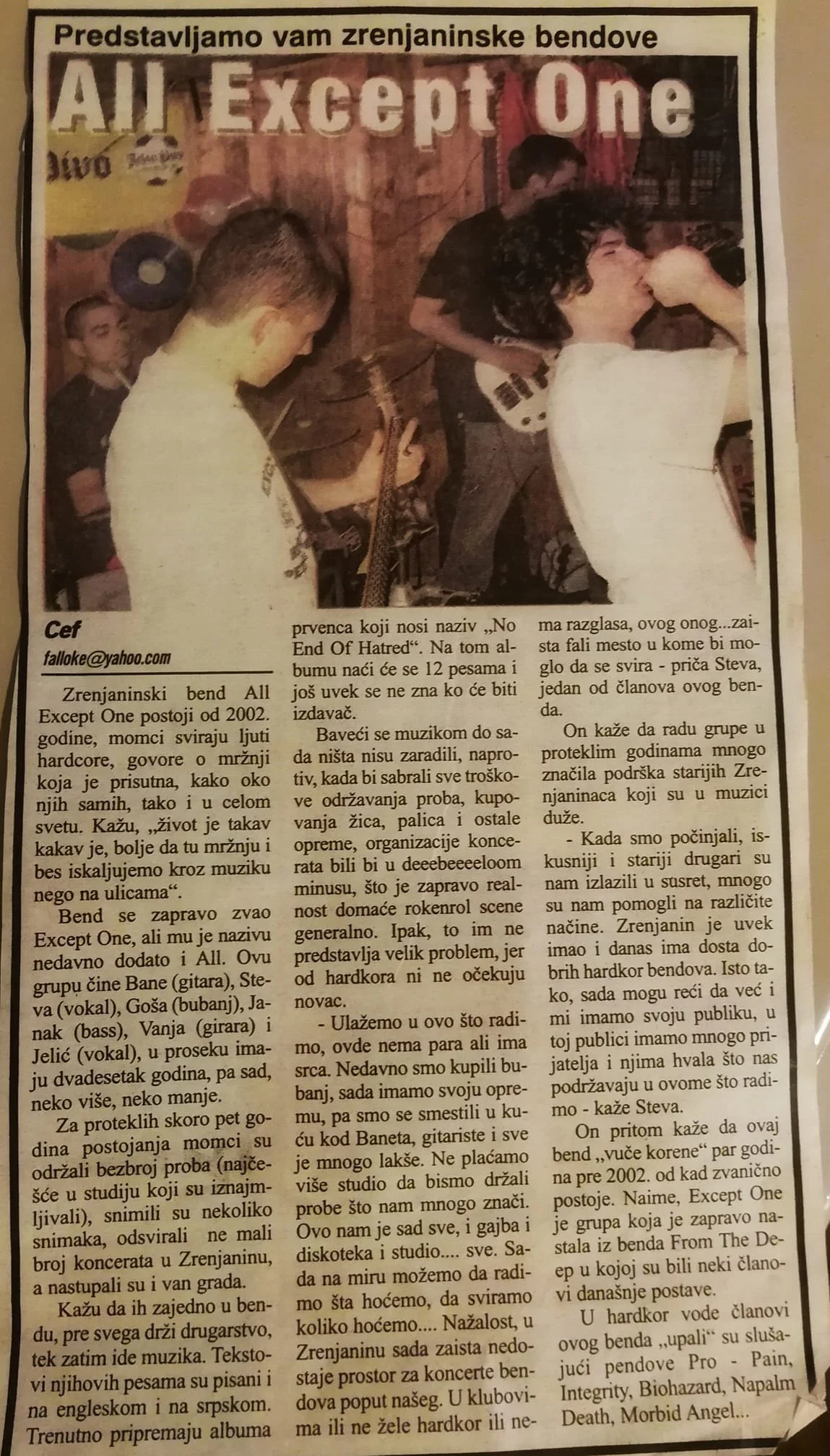 A newspaper clipping featuring a photo of three young men performing with musical instruments and a person in the background, with a large sign reading 'All Except One' at the top.