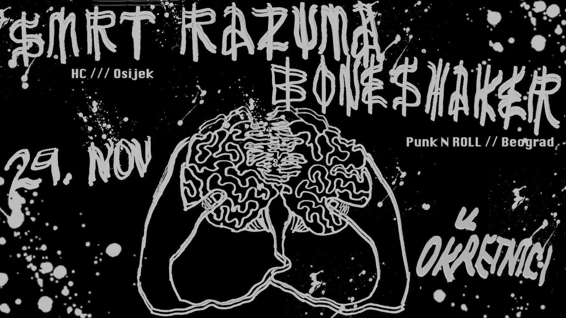 A poster for a punk rock concert at HC Osijek on November 29, featuring a black background with white paint splatters, stylized text, and an outline of a human brain.