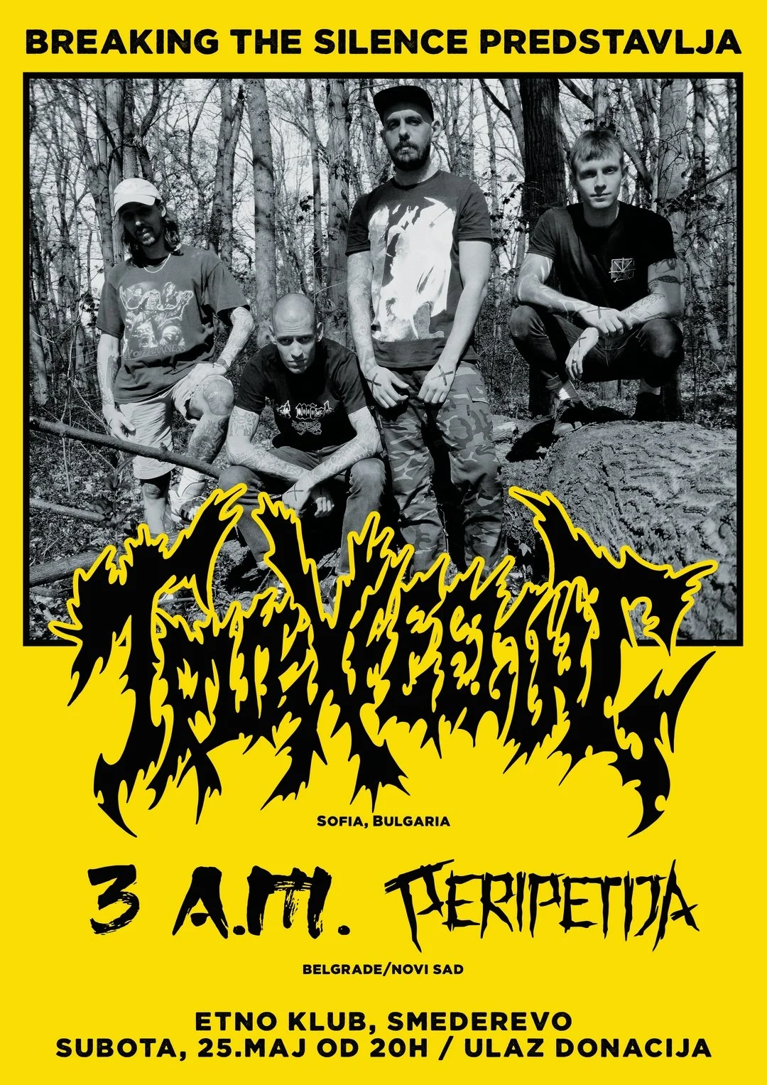 Black and white photo of four young men in a forest, some with tattoos, with a yellow border and bold black and yellow text around the image, promoting a music event in Sofia, Bulgaria.